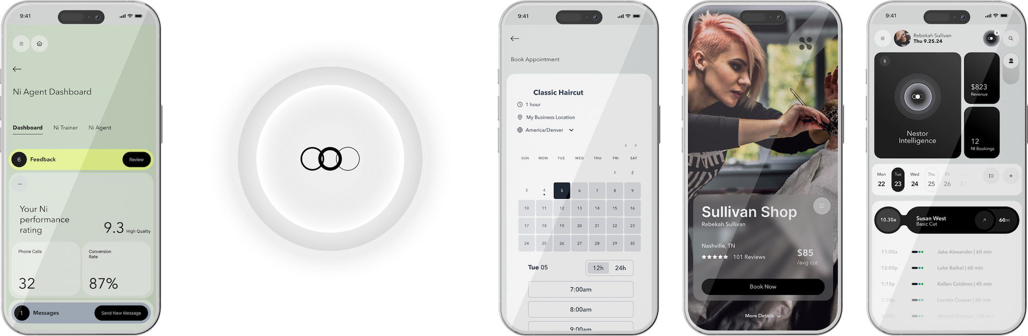 MyNestor app interface showcasing multiple screens for booking, scheduling, and client management